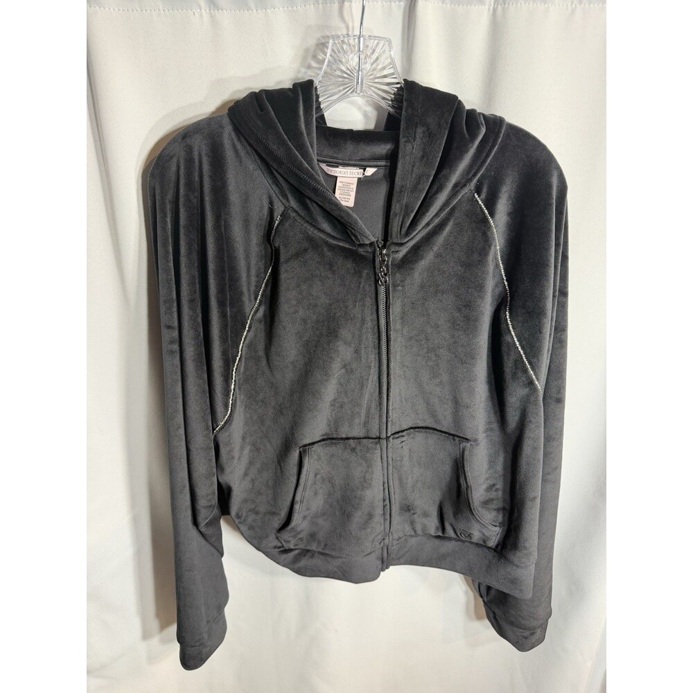 Victoria Secret Black Velvet Size XL Hoodie Zip Front Rhinestone Bling